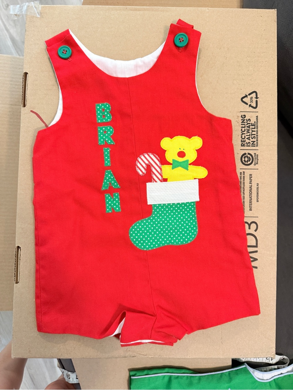 Personalized Red Kids Romper with Holiday Stocking Applique